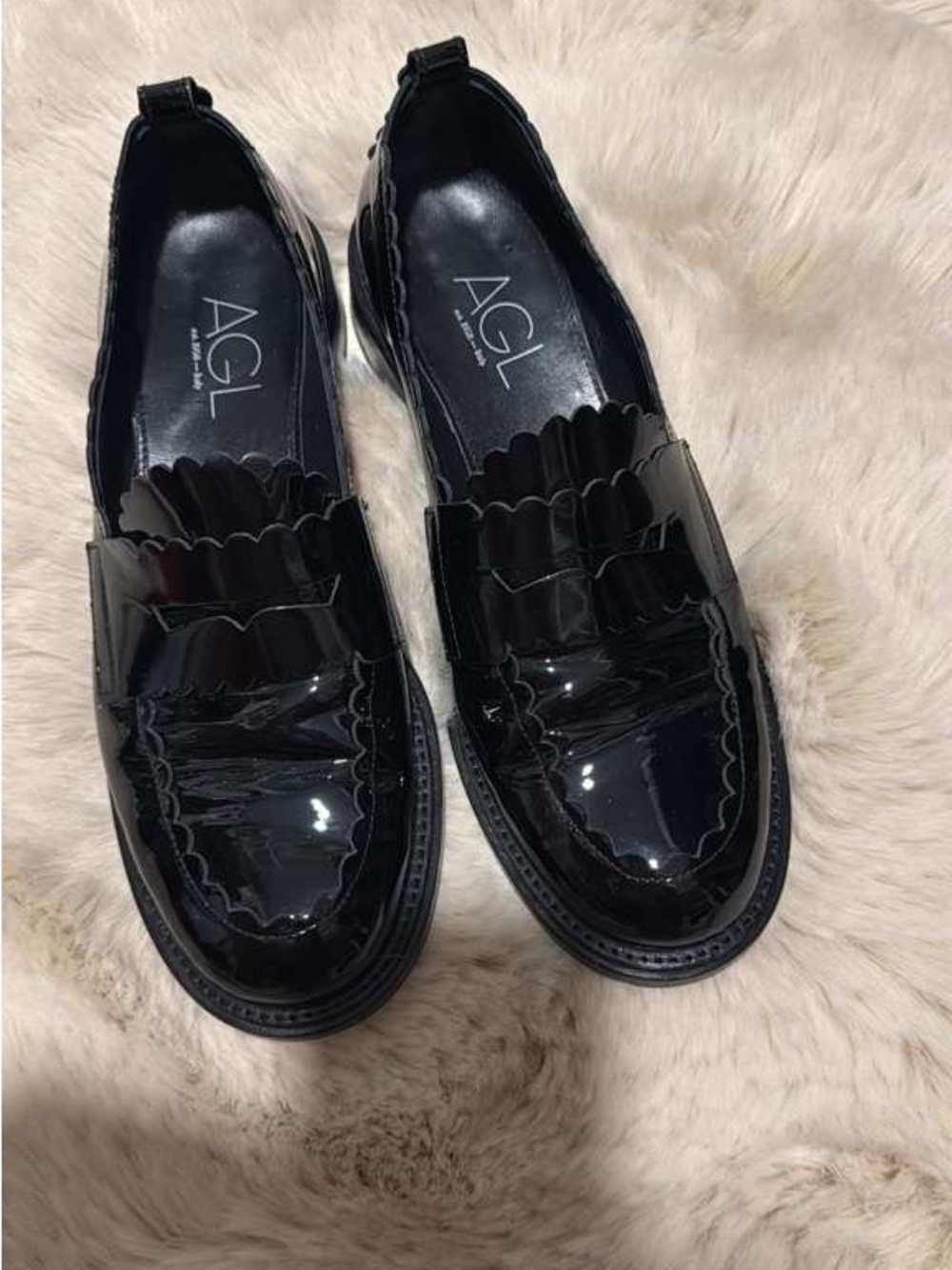 AGL Black Patent Leather Fringe Loafers